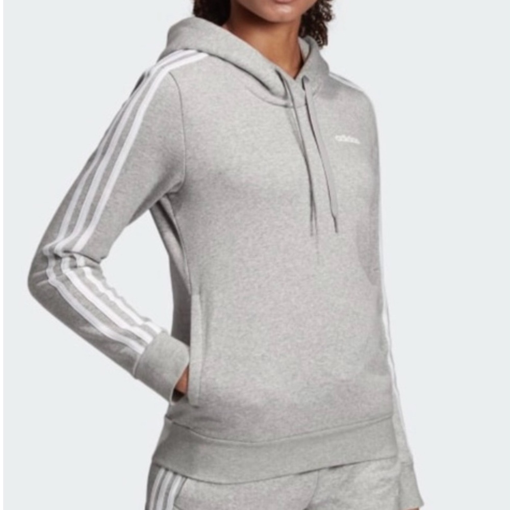 Adidas Heather Gray Long Sleeve Hoodie Relaxed Fit - 3 Striped Sleeves - Medium